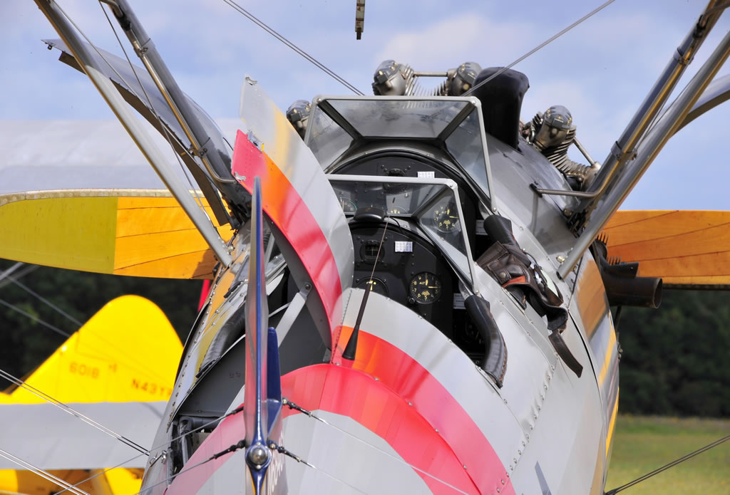 The open, tandem cockpit of the Boeing Stearman